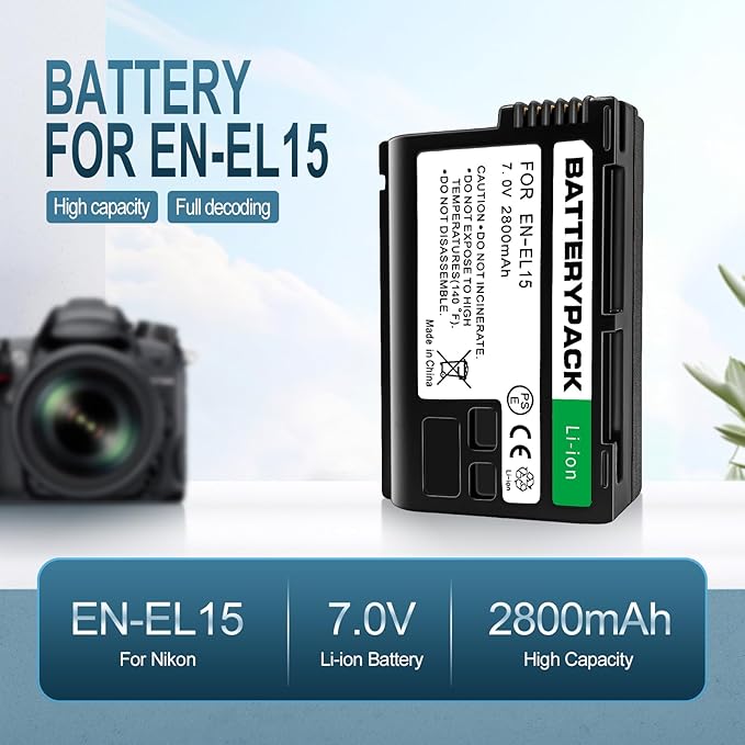 EN-EL15 7V 2800 mAh 2-Pack Rechargeable Lithium Ion Battery Pack, Compatible with Nikon D850 D750 D810 D500 Z8 Z6 Z7 II Z5 D7500 D800 D800E D810A D600 D610 1 V1,USB Power delivery & Charge