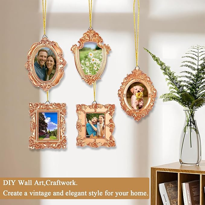 5-Piece Set Vintage Mini Photo Frames,Baroque Rose Gold European Palace Style , Retro Carving, Stand or Hang, Desktop Display, Wall Decor,Fits Gallery Walls / Wedding Photo Walls / Home Decor Retro Style Photo Frames