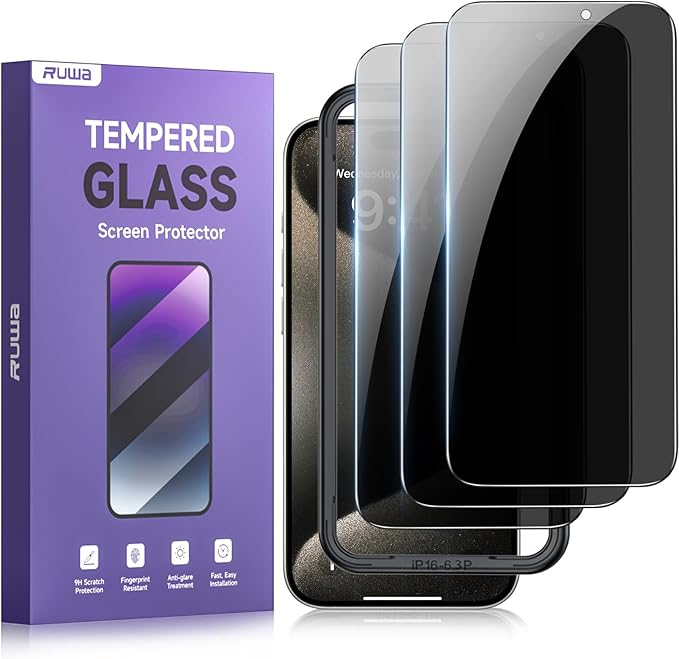 ruwa Privacy Screen Protector for iPhone 16 Pro [3-Pack] Tempered Glass Film with Easy Installation Frame, Case Friendly, Anti Scratch