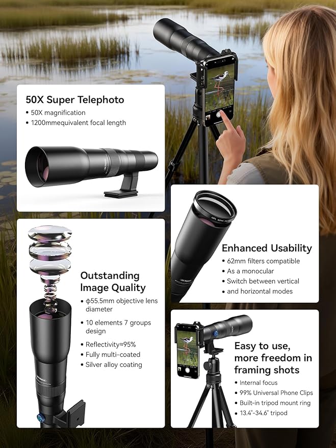 MIAO LAB 50X HD Ultra Telephoto Lens for iPhone and Most Smartphone, with Tripod & Universal Phone Clip, Suitable for Indoor and Outdoor Shooting and Watch Concert, Moon Viewing
