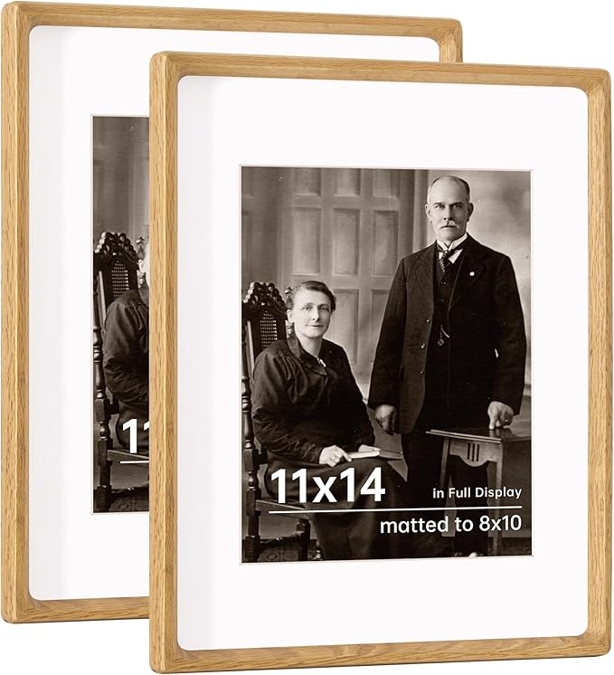 11x14 Wooden Picture Frames USA-Sourced Natural Oak Solid Wood Photo Frame Handcrafted Rounded Corner with Mat to 8x10 Picture Frame Vintage Display with Real Glass Family Picture， 2 Pack