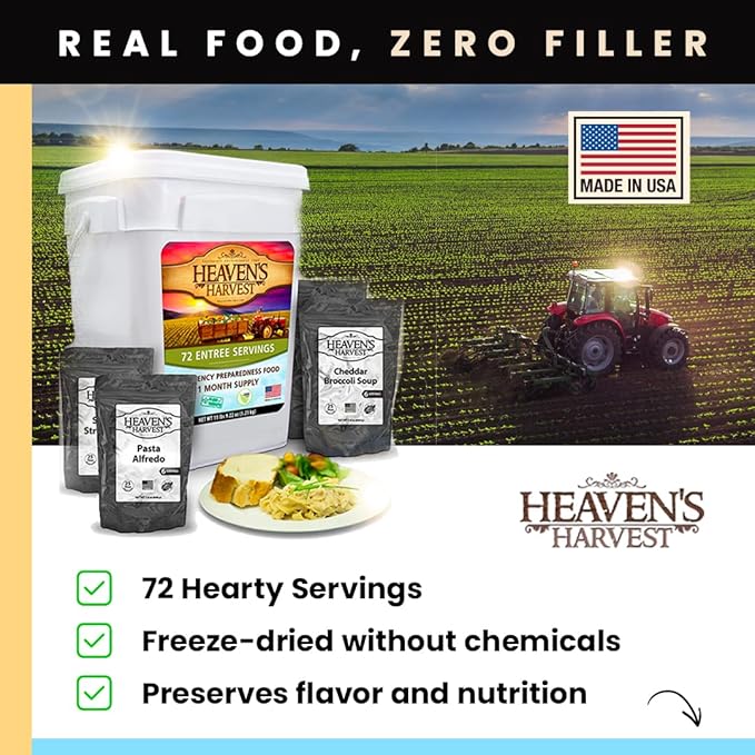 Heaven’s Harvest 25-Year Family Food Kit — Premium Emergency Food Supply. Freeze Dried Survival Food Kit + Water-Proof 25-Year Storage Bucket. MRE Meals, Non-Perishable Camping Food