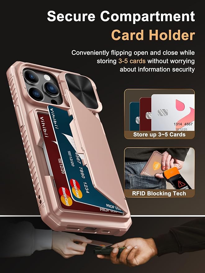 Vihibii for iPhone 13 Pro Wallet Case with Card Holder (4 Cards), [RFID Blocking] & Slide Lens Camera Cover & Raised Edges Protect Screen, Shockproof Rugged Wallet Phone Case, 6.1" 2021, Rose Gold