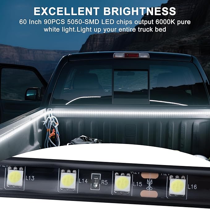 Truck Bed Light Strip - 2PCS 60" 180 LED Waterproof Strip Kit with On/Off Switch/Splitter for Trucks, SUVs, RVs, Boats (6000K Cool White)