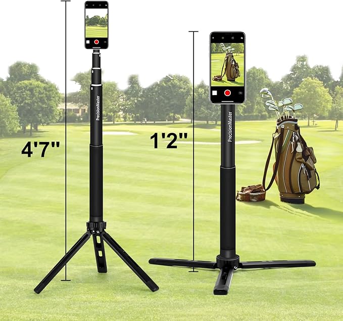 PrecisionMaster Golf Tripod & Monopod, Magnetic Film Stick 52" Adjustable Aluminum, Swing Training Aid Compatible With MagSafe iPhone Android Phones (8 Magnet)