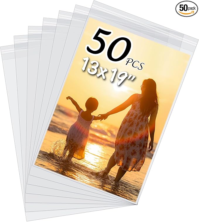 50 Pack Acid-Free Crystal Clear Sleeves Storage Bags for 13x19 Art Prints/Pictures/Photos/Framing Mat Mattes (Bag Size: 13 2/5" x19 1/2")