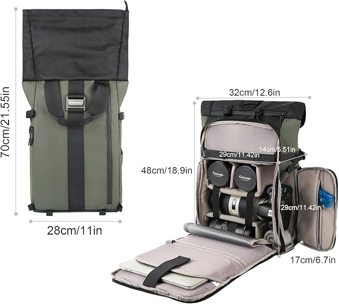 Besnfoto Camera Backpack for Photographer DSLR SLR Waterproof Camera Bag with Laptop Compartment Tripod Holder Roll Top Photographer Case for Hiking Traveling