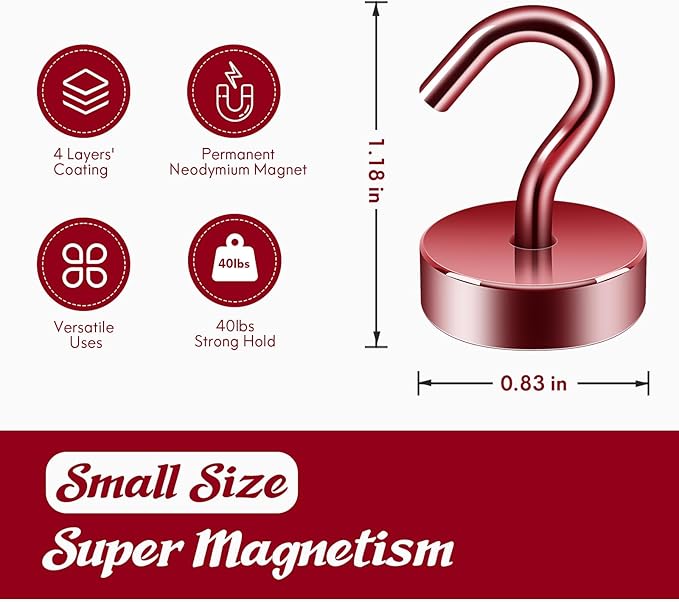 Neosmuk Magnetic Hooks, Cruise Ship Essentials, 40lb+ Heavy Duty Magnetic Hooks for Cruise Cabins, Refrigerator, Grill, Hanging, and Travel | Extra Strong Must-Haves Magnet Hook,Red,Pack of 5