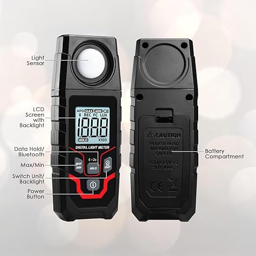 Bluetooth Lux Meter Light Meter, 0.1~200,000Lux Range Light Meter for Plants and Photography, Wireless Light Meter with App Real-time Monitoring, Data Logging and Data Export