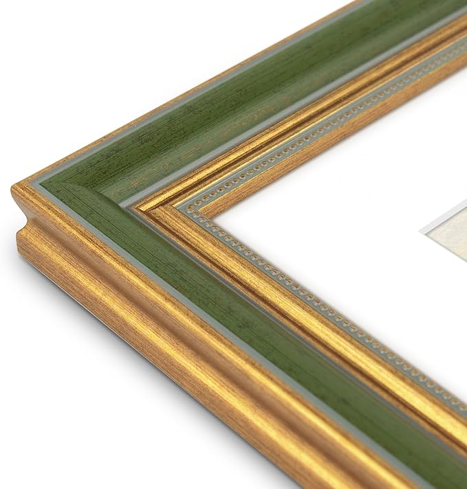 Golden State Art,9x12 Ornate Picture Frame for 6x8 Photo with Mat or 9 x 12 Prints without Mat, Real Glass Wall Display Horizontally or Vertically (Color:Green Gold)
