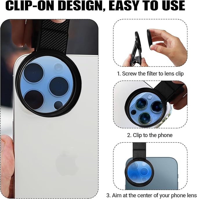 52mm CPL Filter Compatible with iPhone, Clip-on Filtro Polarizador para Celular, Reduced Reflection, Compatible with iPhone 16/15/14/13 Pro Max, Samsung Galaxy, Huawei