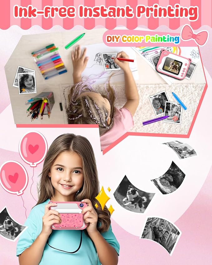 Kids Instant Print Camera for Toddlers - Ink Free Printing, Dinosaur Design, Perfect for Boys & Girls Aged 3-12 (Pink)