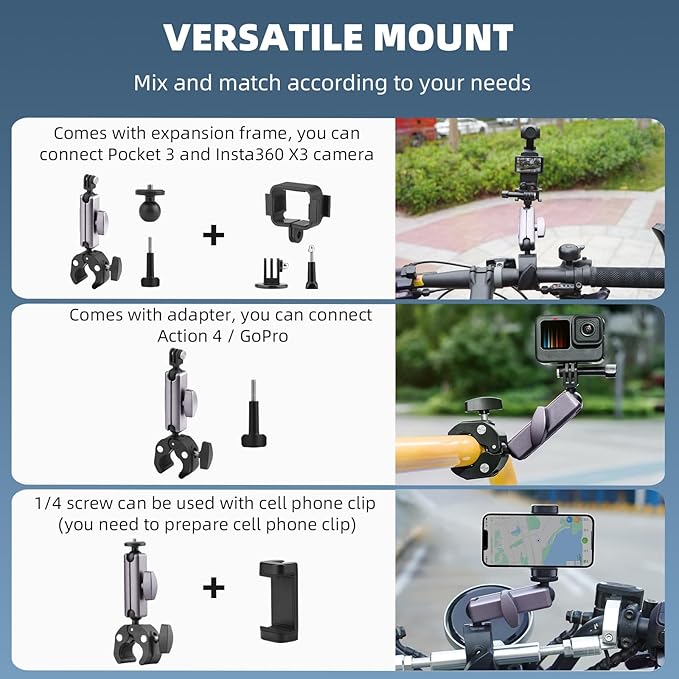 BRDRC Pocket 3 Camera Bike Mount Clamp Motorcycle Handle Holder Aluminum for Insta360 X5 X4 X3 Ace Pro Go 3S, for DJI Osmo Pocket 3 2 Mobile 7P Action 5 Pro 4 3, for GoPro Max Hero Mini Accessories