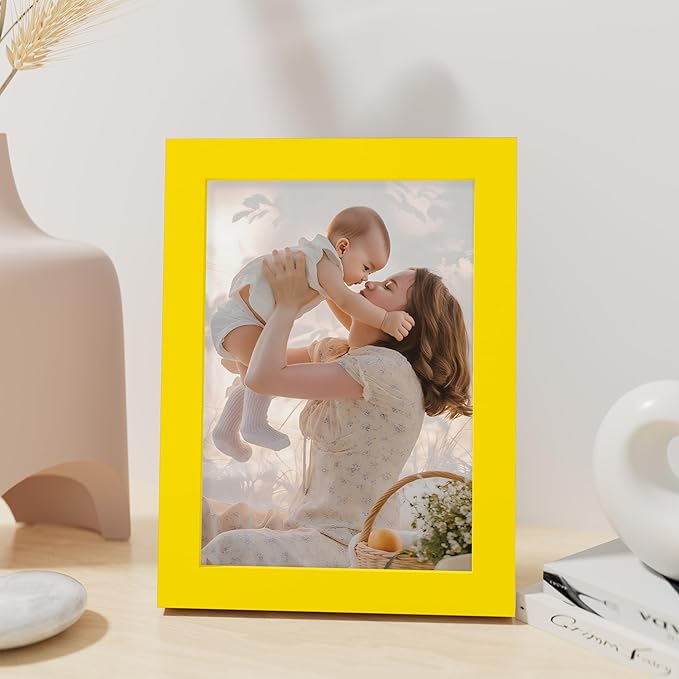 Vittanly 5x7 Picture Frame, Made of Solid Wood and Shatterproof Plexiglass, Wooden Photo Frame for Wall Mounting or Tabletop Display, Picture Frame for Home Decor with Stand, Yellow, 1 Pack