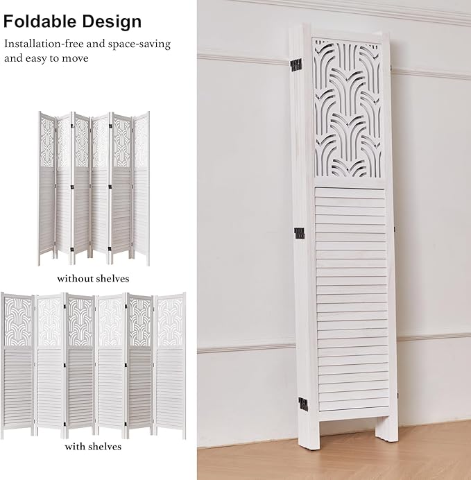 Folding Room Divider, 66.9 Inch 6 Panels Wood Carved Privacy Screens, Free Assembled Freestanding Portable Separation Wall for Home Office Restaurant Bedroom (White)