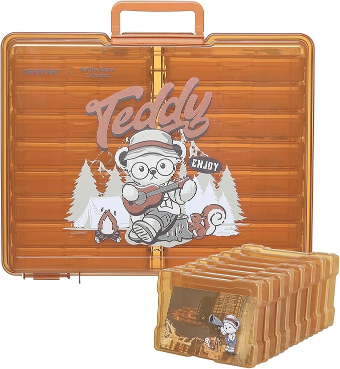 Photo Storage Box 4" x 6" Cases With Handle - 16 Inner Keeper (Brown-Camping style pattern)