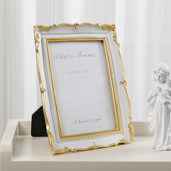 Cuspin 5x7 Picture Frame, White and Gold Vintage Ornate Resin Photo Frame with Glass Front, 5 by 7 Picture Frame for Wall Hanging or Tabletop Display