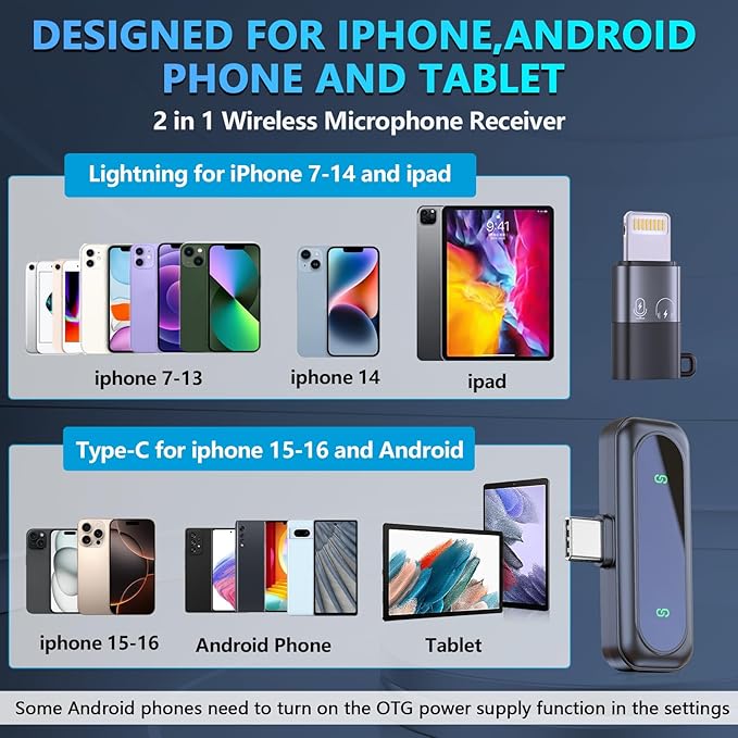 RICCHI Wireless Lavalier Microphone for iPhone iPad and Android Phone, 2pcs Mini Microphone with Noise Reduction Lapel Mic for Video Recording Interview Podcast YouTube TikTok