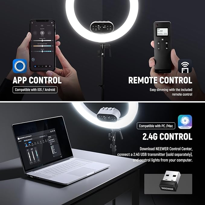 NEEWER 19" 100W High Power LED Ring Light with Tripod Stand & 3 Phone Holders Compatible with iPhone, 2900-7000K CRI97+ App&2.4G Control Lighting for Selfie Video Recording Makeup Streaming, RH100B