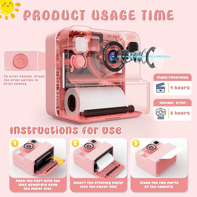 Kids Camera Instant Print Toys for Teenage Girls:1080P HD Digital Video Cameras for Girls, Christmas Birthday Gifts for 3 4 5 6 7 8 9 10 11 12 13 14 Year Old Girl with 32GB Sd Card-Pink