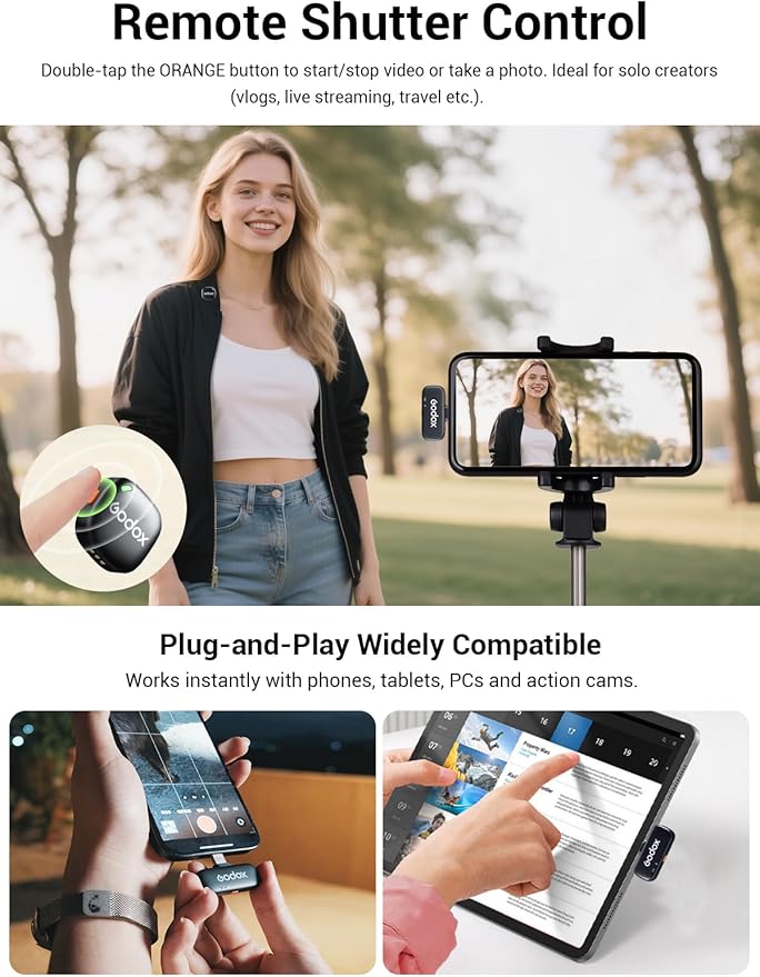 GODOX C01 KIT2 Wireless Microphone, 48kHz/24-bit Professional Lavalier Mic 60W Fast Charging Mini Microphones 7g Ultralight,54H,Noise Reduction,200M Low Latency (2TX+1RX+USB-C+Charging Case)