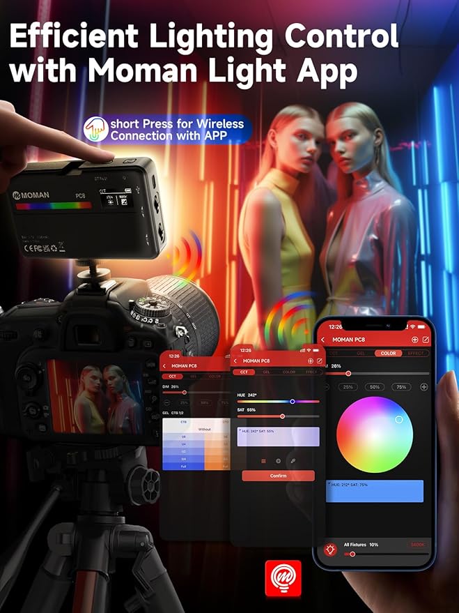 Moman LED Camera Light, RGB Video Lights for Photography, App Wireless Control, 2500-9000K, CRI 95+, Long Battery Life, Portable Lighting Panel with Cold Shoe, Fits for GoPro Sony Canon