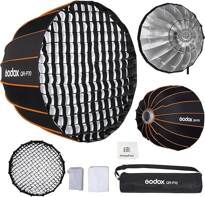 Godox Parabolic Softbox Quick Release,QR-P70 27.5”/70cm Portable Bowens Mount Sof tbox with Honeycomb Grid,Carry Bag,Front/Inner Diffuser for Professional Photography Studio Portrait Video Shooting