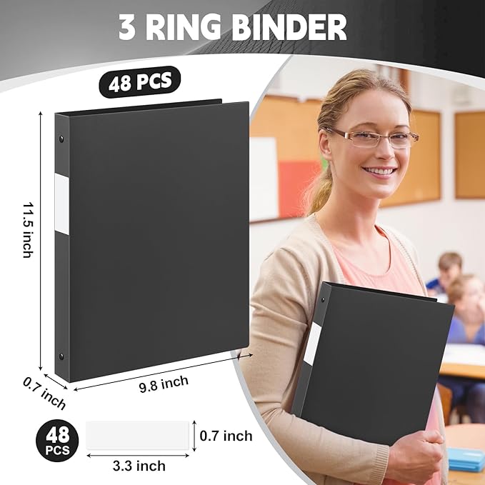 Henoyso 48 Pcs 3 Ring Binder 1/2'' Round Fits Letter Size 8.5'' x 11'' Paper Plastic Flexible Binder Holds 140 Sheets with 1 Pockets Versatile Organizer for Home Office School (Black)