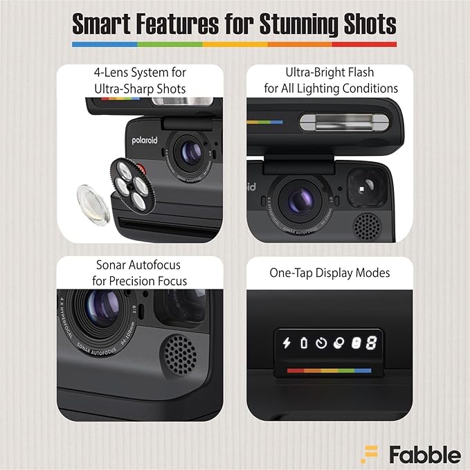 Polaroid Flip Instant Camera Black Bundle with Color i-Type Film (8 Photos), Hard Protective Case, 6ft USB Type-C Cable, and Grey Microfiber Cleaning Cloth