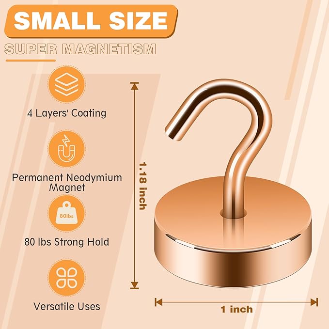 Neosmuk Magnetic Hooks, Cruise Ship Essentials, 80lb+ Heavy Duty Magnetic Hooks for Cruise Cabins, Refrigerator, Grill, Hanging, and Travel | Extra Strong Must-Haves Magnet Hook,Bronze, 5 Pack