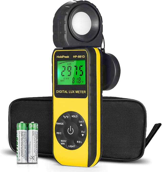 HOLDPEAK 881D Illuminance Light Meter, Digital Lux Foot Candles Meter 0.1~400,000 Lux (0.1~40,000 FC) with 270º Rotatable Detector, Par Meter Luxmeter for Plants LED Lights Indoor Outdoor Light Tester