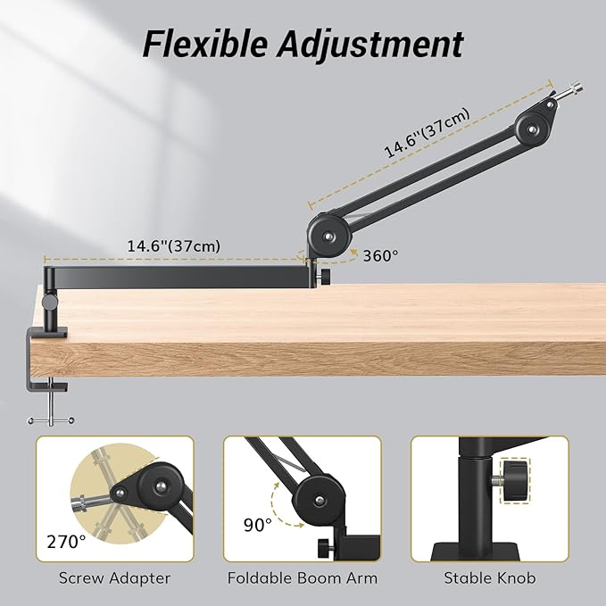 TONOR Microphone Boom Arm, Low Profile Mic Arm, Fully Adjustable Mic Stand with Desk Mount Clamp,Screw Adapter, Cable Management, for Streaming Gaming Podcast Studio Recording Home Office T40LP Black