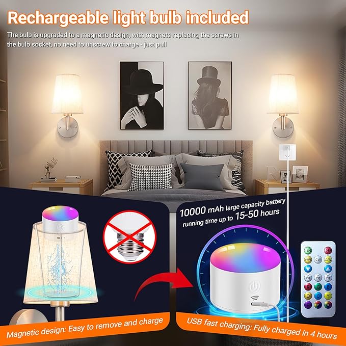 Wall Sconce Battery Operated Wall Light Fixure with Remote Control, Dimmable Battery Operated Wall Sconces Set of Two, Indoor Wireless Wall Mounted Lamp with Rechargable Bulb for Bedroom Living Room