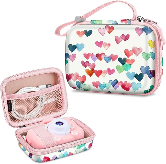 FINTIE Kids Camera Case Compatible with Goopow/Seckton/Dylanto/Mgaolo/Masterbee/CIMELR/Desuccus Kids Digital Camera Toys, Children Carrying Bag, Birthday Festival Gift, Raining Hearts