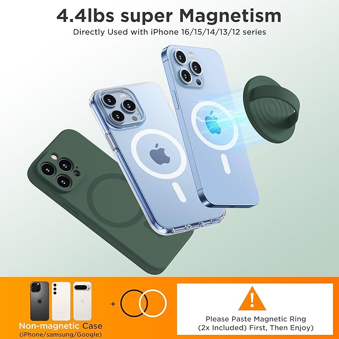 Upgraded Magnetic Phone Grip, Liquid Silicone Soft and Portable, Removable Finger Loop Ring Grip Holder for iPhone, Strong Magnetic Attraction, Compatible with MagSafe Phone Case, Alpine Green