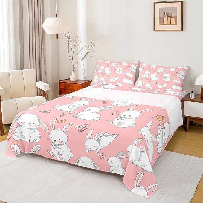 Erosebridal Cute Rabbit Sheet Set Cartoon Bunny Rabbit Pink Fitted Sheet Groovy Flowers Print Bed Sheets Easter Decor Flat Sheet for Kids Boys Girls Full Size with 2 Pillowcases