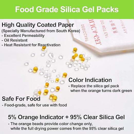 100-Pack 5g Silica Gel Packets – Premium Food Grade Rechargeable Desiccant with Color Indicating Beads for Spices, Vitamins, Electronics & Storage