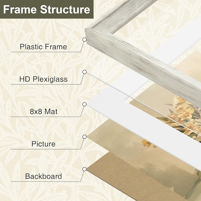Vittanly 12x12 Picture Frame Set of 4, Vintage Photo Frame for Wall or Tabletop, Display 8x8 Pictures with Mat or 12x12 without Mat, Rustic Farmhouse Home Decor, Distressed White