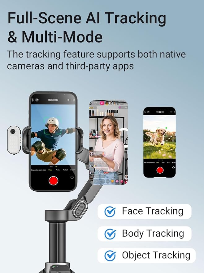 AOCHUAN AI Face Tracker Gimbal Stabilizer for iPhone w/Magnetic Remote, 360° Pan Rotation 3-Axis Gimbal for iPhone, Stabilizer w/Light, Built-in Extension Rod & One-Touch Open Tripod, Volg, Sport