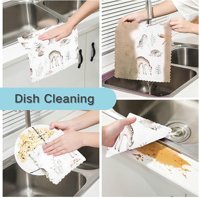 CaTaKu Watercolor Woodland Animals Kitchen Cloths, 6 Pack Reusable Dish Rags for Washing, Microfiber Cleaning Cloths Dish Towels Washcloths for Kitchen Drying