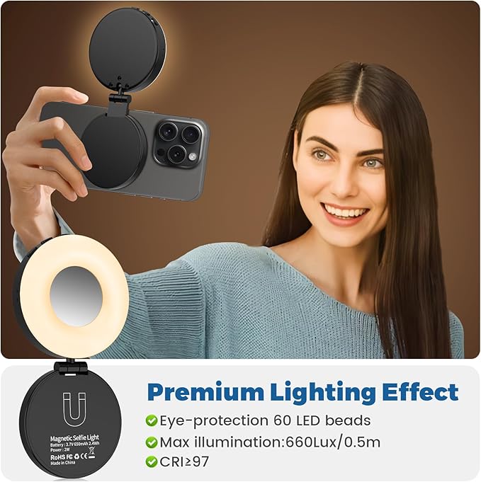 Selfie Light, Selfie Light for iPhone, Portable Phone Ring Light for Video Recording, Adjusted 4 Modes, Rechargeable Fill Light for Selfies, Photography, Makeup, Vlogs, TikTok, Video（Black）