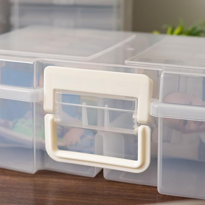 IRIS USA 4" x 6" Photo Storage Box Craft Keeper, 2-Pack, Transparent Handle Container with 12 Organization Holder Cases for Pictures, Tasks, Scrapbooking, Ephemera, Stationery Storage, Clear