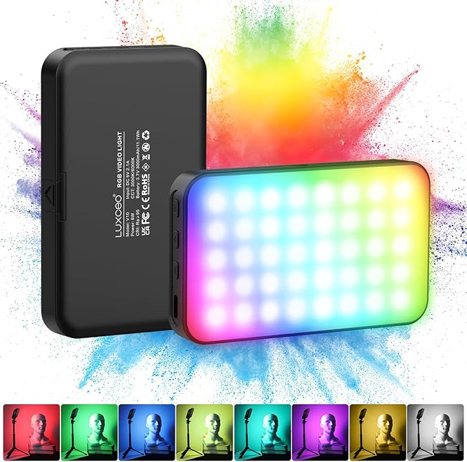 LUXCEO RGB Video Light, Portable LED Camera Light Panel, Dimmable 3000K-6000K CRI95+ Color LED Light with 3000mAh Rechargeable Battery, Pocket LED Photography Lights for Vlogging, Video Conference