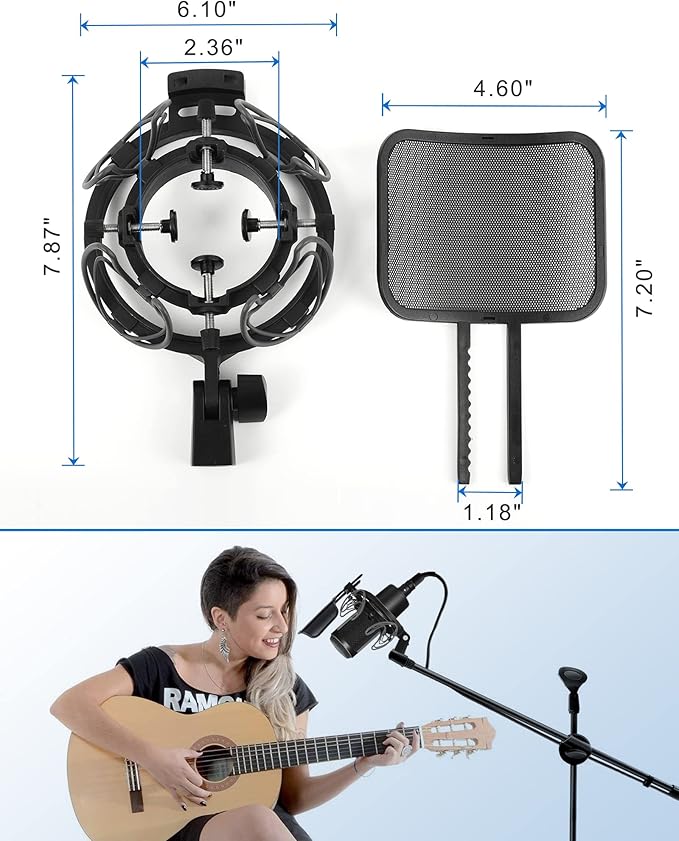 Universal Microphone Shock Mount with Pop Filter for Condenser Microphones Size at 21-62mm Anti-Vibration Mic Holder Clip(Black)