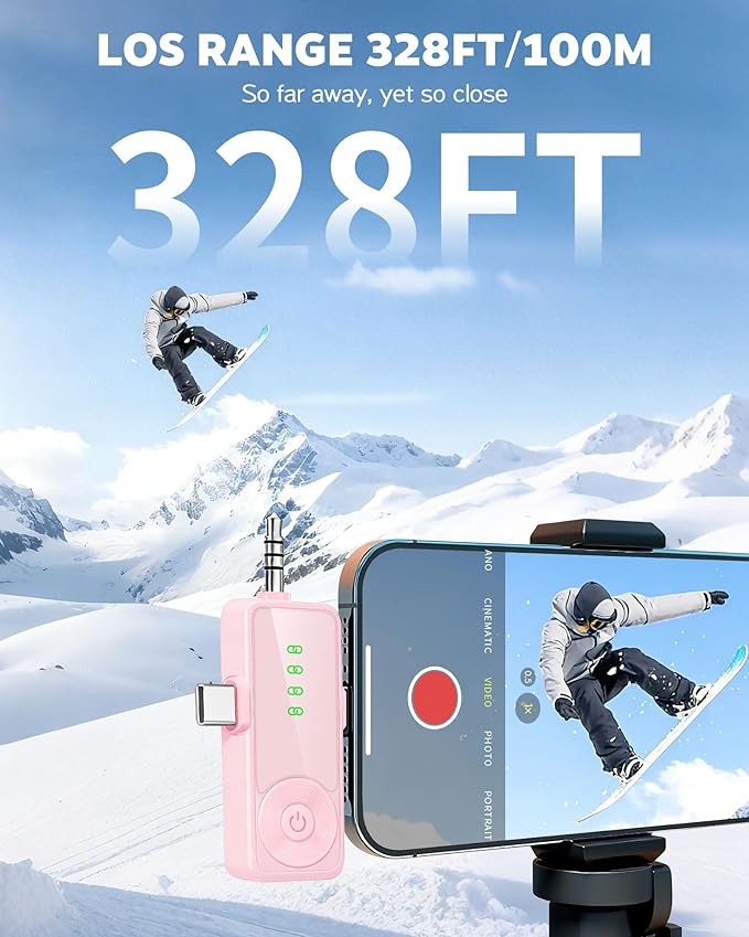 Wireless Lavalier Microphone for iPhone, Android, Cameras - Mini Microphone with Noise Reduction, 328FT Transmission and 40H Battery Life, 4 Mic for Video Recording, TikTok and YouTube (Pink)