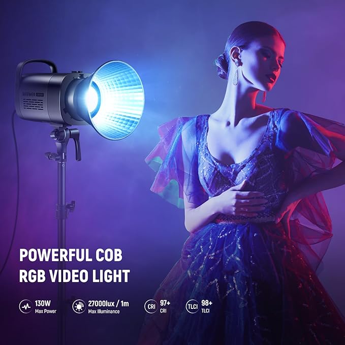 NEEWER CB100C 130w RGB LED Video Light, APP/2.4G Control 360° Full Color 2700K-6500K 27000lux/m COB Bowens Mount Silent Continuous Output Lighting TLCI/CRI97+ 17 Scenes for Video Recording Photography