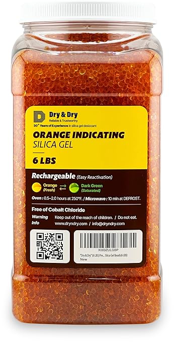 Dry & Dry [6 LBS] Premium Orange Indicating Silica Gel Desiccant Beads(Industry Standard 3-5 mm) - Rechargeable Silica Gel Beads(6 LBS)