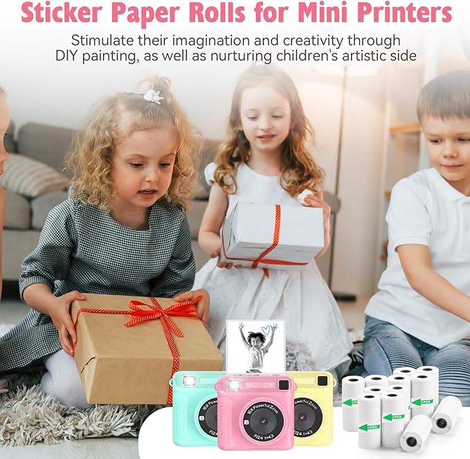 12 Rolls Mini Thermal Printer Sticker Paper, Kids Instant Camera Refill Print Paper, Atnadov HD Thermal Paper for Most Kids Instant Camera (White-12 Rolls Sticker Paper)
