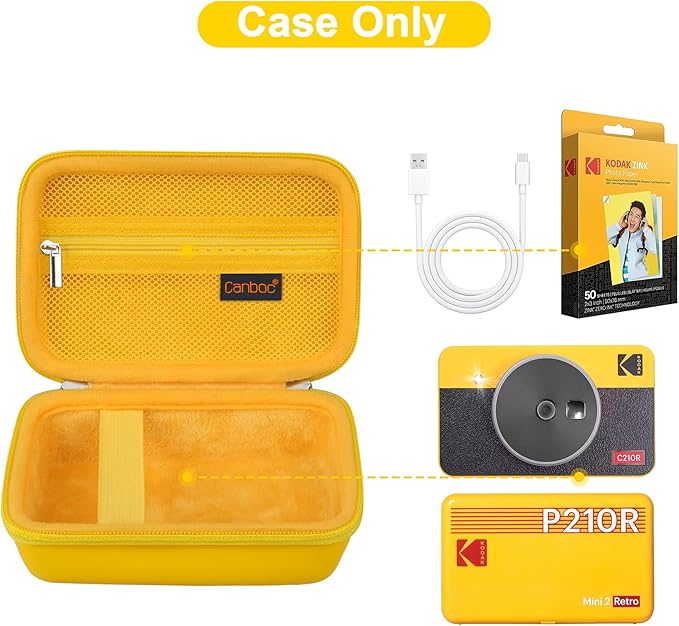 Canboc Carrying Case for KODAK Mini 2 Retro 4PASS Portable Photo Printer/KODAK Mini Shot 2 Retro 4PASS 2-in-1 Instant Digital Camera, Mesh Bag fits Photo Paper and Cable, Yellow