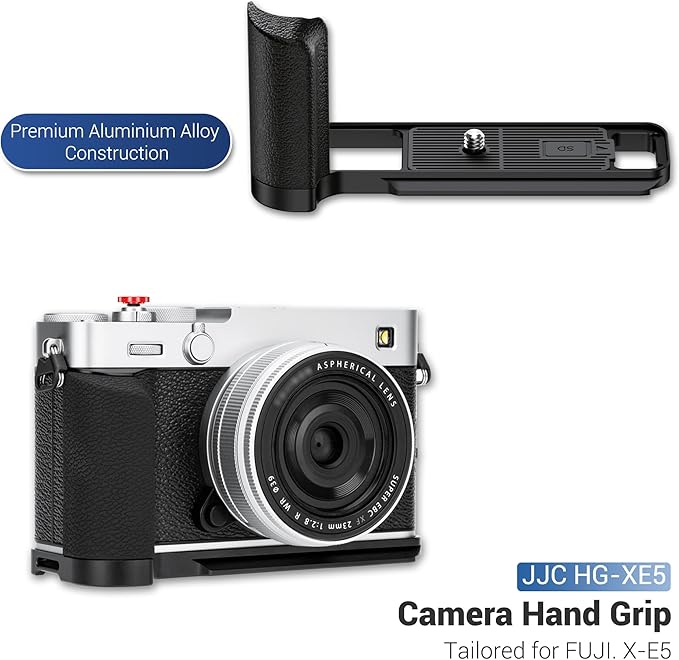 JJC Metal Hand Grip L-Bracket & Shutter Button for Fuji Fujifilm X-E5 XE5 Camera, Silicone Handgrip, Anti-Slip Pads with SD Card Holder, Arca Swiss Quick Release Plate & 1/4"-20 Tripod Hole, Black
